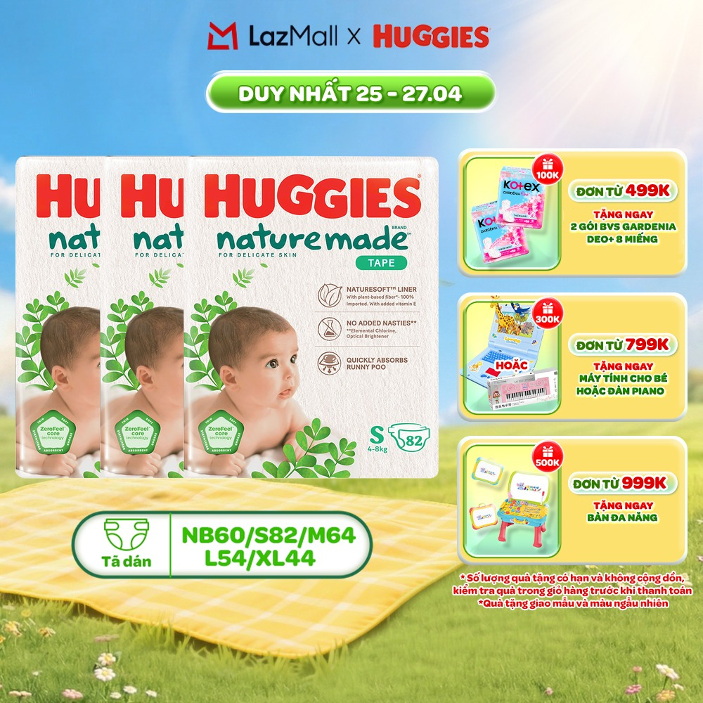 Combo 3 Tã/Bỉm dán Huggies NatureMade M64/L54/XL44