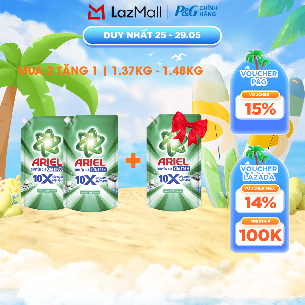 [MUA 2 TẶNG 1] Combo 3 Nước Giặt Gel ARIEL 10X Sức Mạnh Giặt Sạch Chuyên Gia Cửa Trước-Cửa Trên Hương Downy Nắng Sớm Túi1.37KG/1.48KG