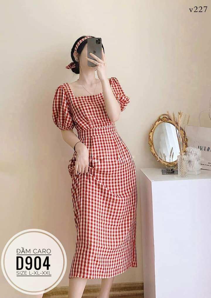Bigsize Đầm Caro Cổ Vuông