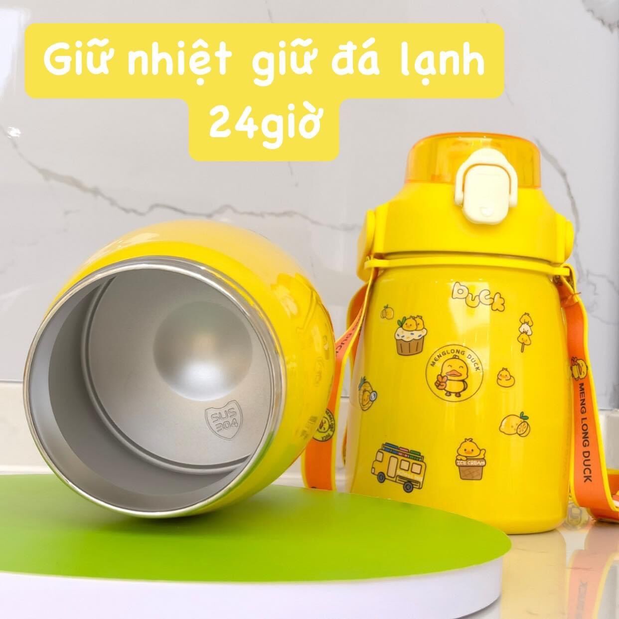 Bình nước giữ nhiệt inox 304 con vịt vàng 900ml