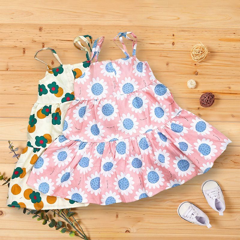 Đầm 2 dây bé gái chất thô mềm phối cúc xinh xắn size 8 - 18ky - Váy bé gái
