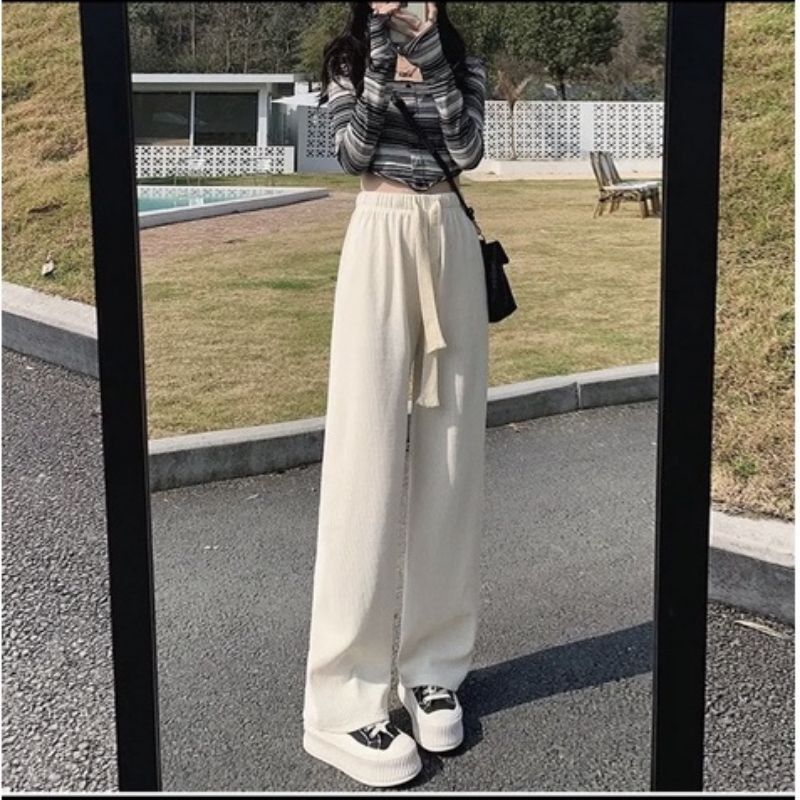 Quần ống rộng thun dây rút bigsize nữ dáng suông vải nỉ nhung len tăm cao cấp lưng cao phong cách ulzzang Hàn Quốc