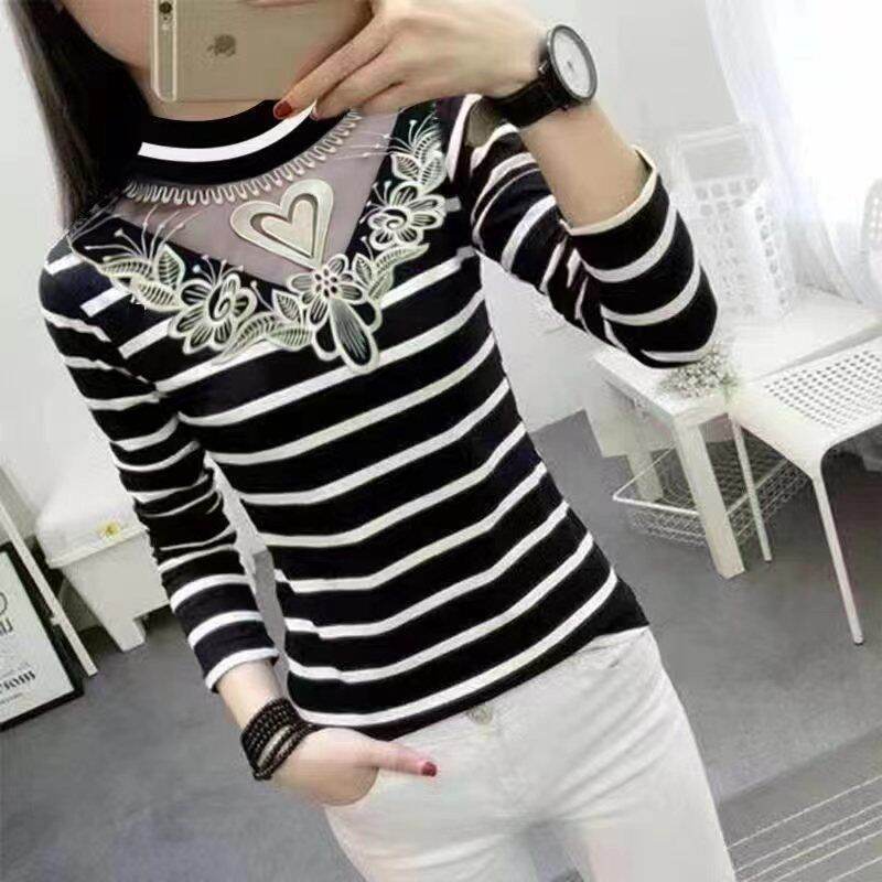 Áo Thun Dài Tay Ôm Vừa Vặn Mùa Xuân Thu Mới Cho Mẹ Áo Thun Tay Dài Mỏng Cổ Cao Nửa Cao Họa Tiết Sọc 