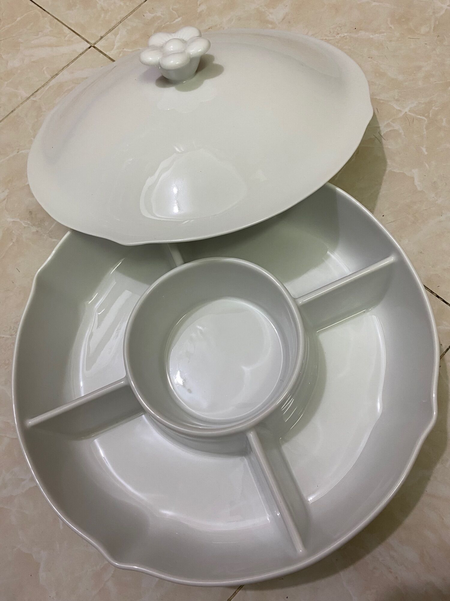 [HCM] Khay mứt 5 ngăn 24cm sứ trắng Minh Long+nắp