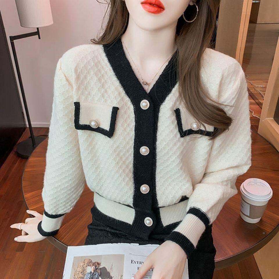 Faux Pocket Xiaoxiang F Knitted Cardigan Early Spring New Women's Clothing Fashionable Elegant Slim Fit V-neck Long Sleeve Top Fashionable Coat