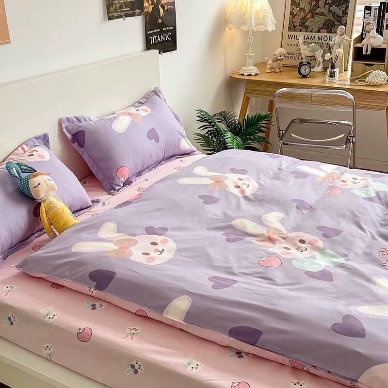Bộ Chăn ga gối cotton poly - Mẫu thỏ tím.