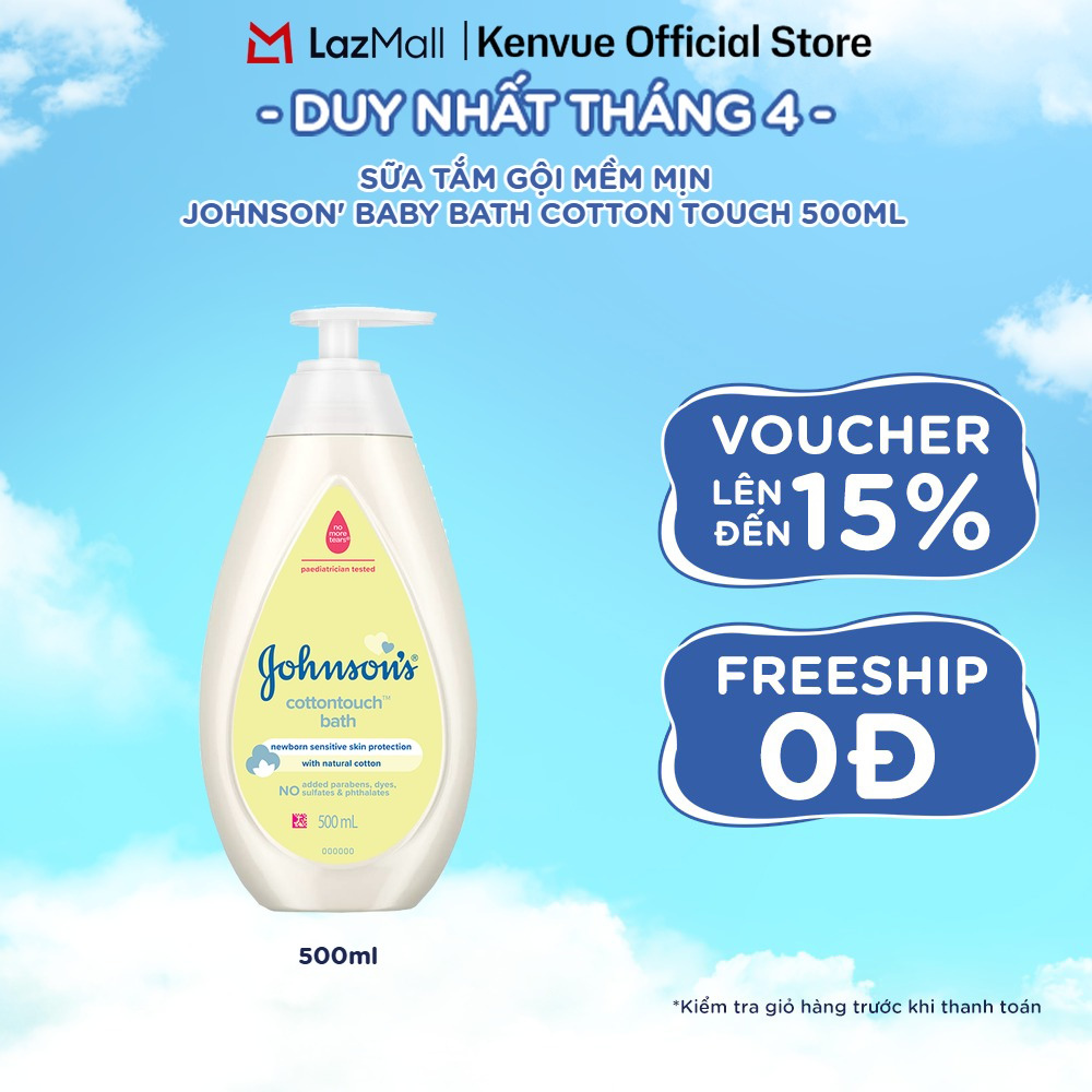 Sữa tắm gội toàn thân mềm mịn Johnson's Cottontouch Top-To-Toe Bath 500ml