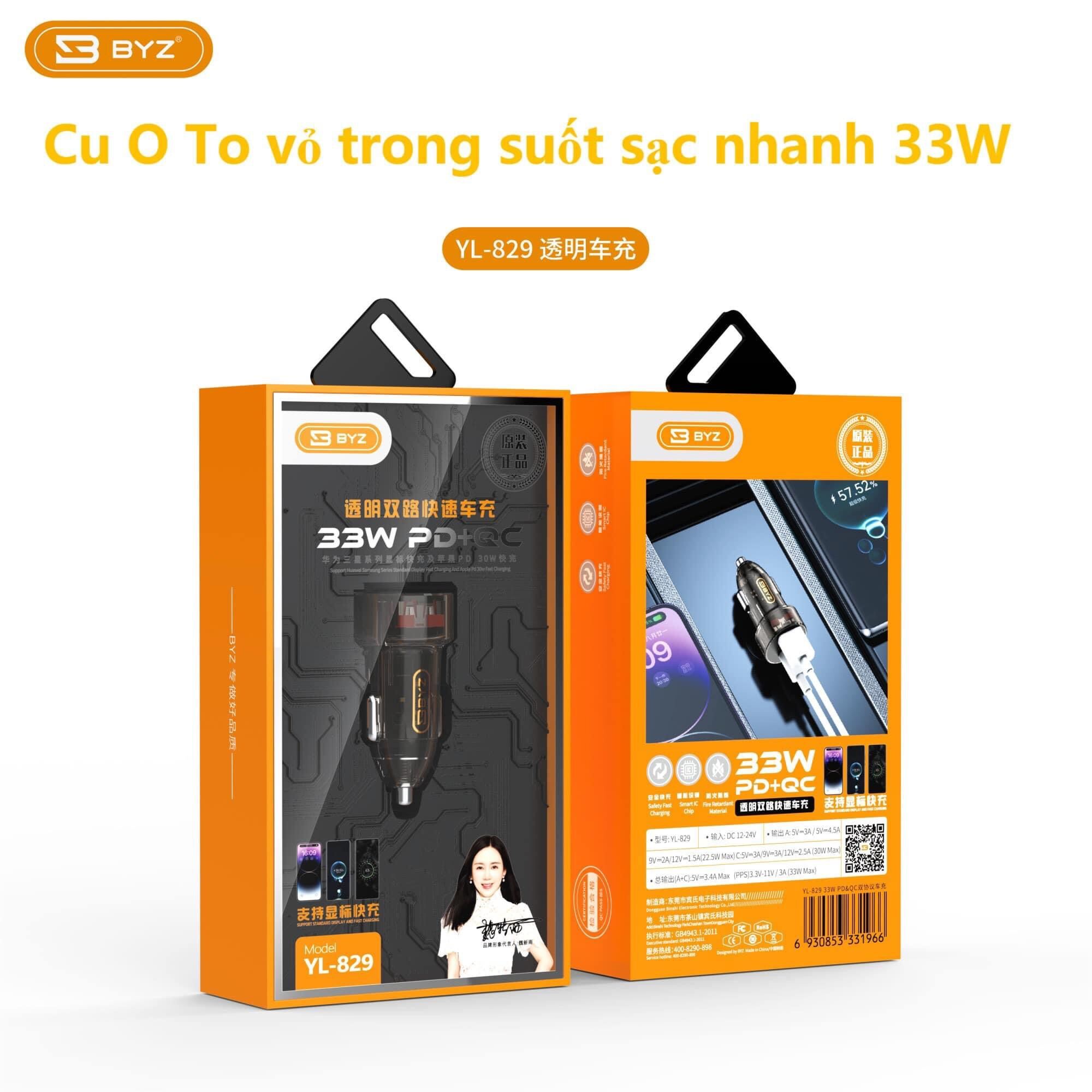 Tẩu sạc xe ô tô sạc nhanh PD 33w QC 22.5w BYZ thiết kế trong suốt