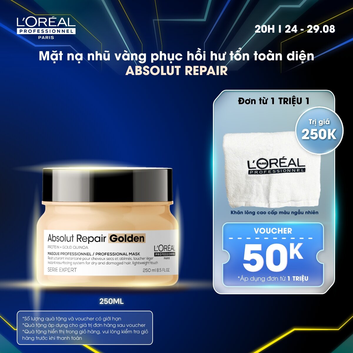 Dầu hấp nhũ vàng dưỡng tóc mềm mượt & phục hồi hư tổn toàn diện 250ml/500ml L'Oréal Professionnel Absolut Repair Golden-Dành cho tóc khô xơ, hư tổn