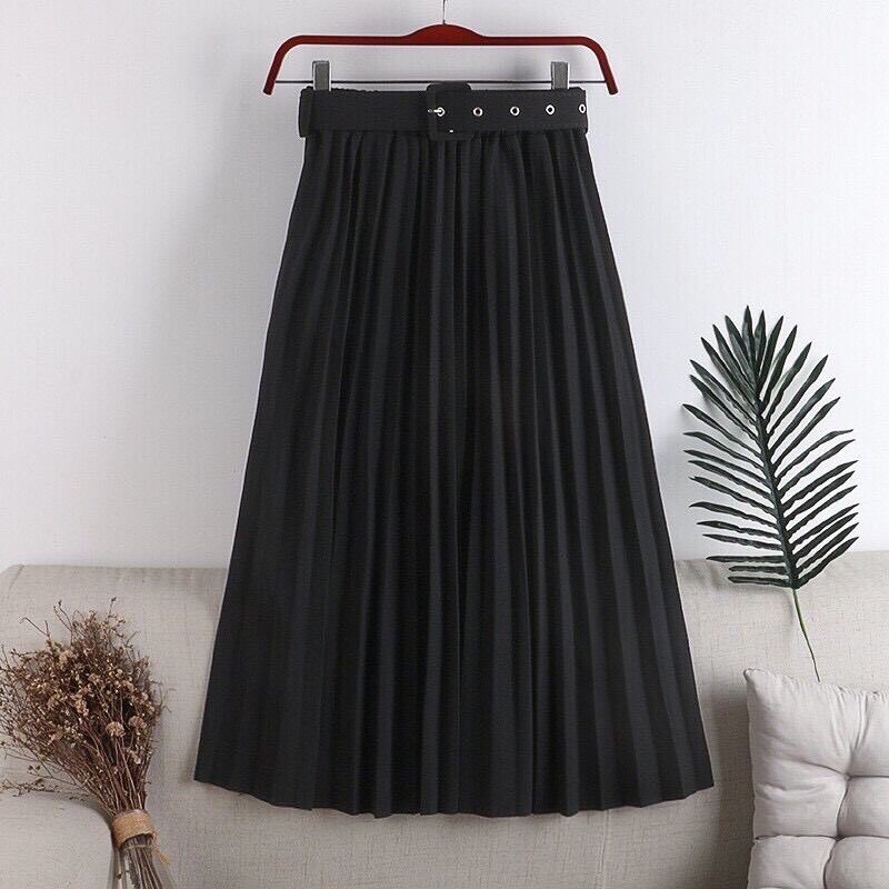 Chân váy xếp ly dài kèm đai