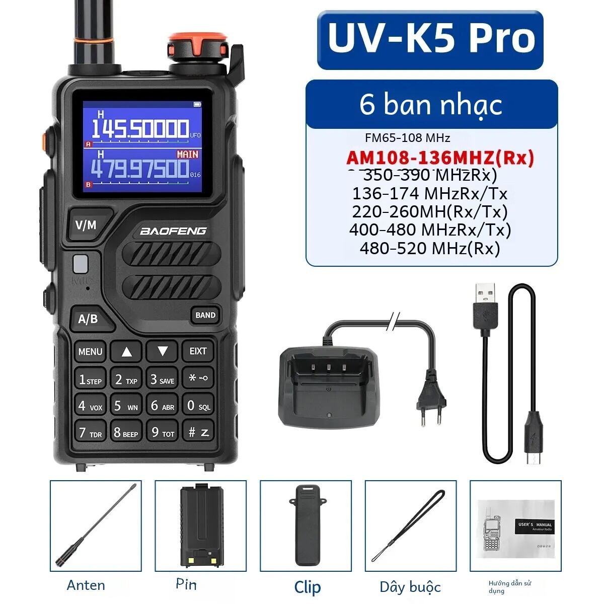 Bộ đàm Baofeng Uv K5 Plus 10w Air Band Bộ đàm không dây tầm xa Tần số sao chép Radio hai chiều với cổng USB Type-C