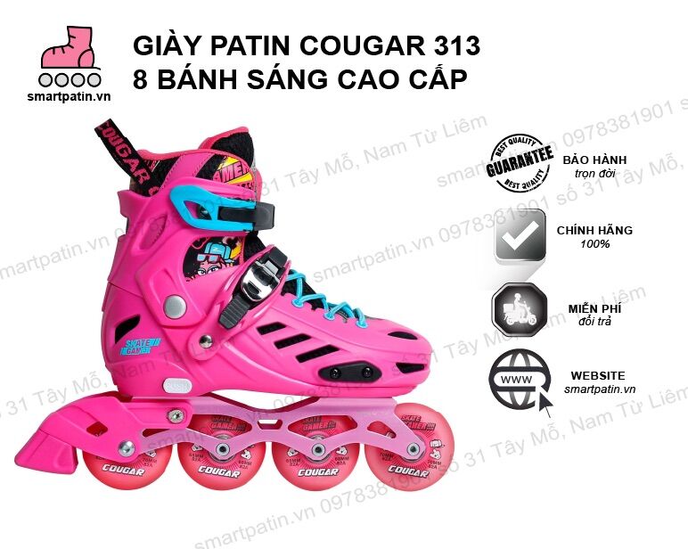 Giày patin Cougar 313 màu hồng, 8 bánh phát sáng cao cấp