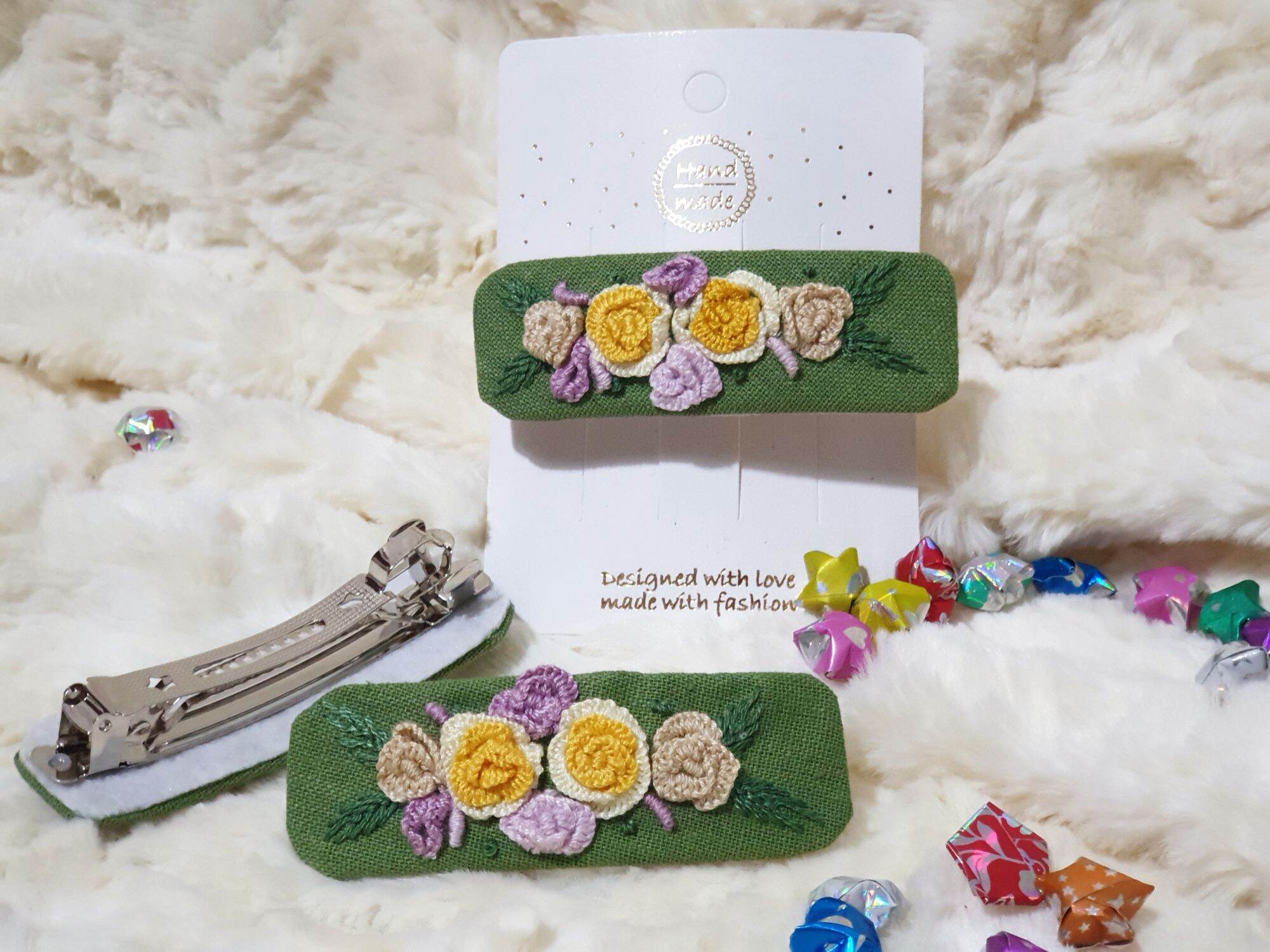 Kẹp tóc handmade thêu tay hoa hồng 3d nổi - pong embroidery