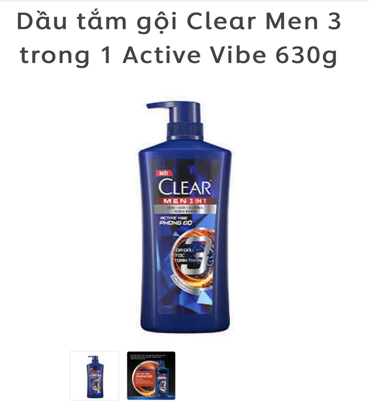 Dầu Tắm Gội Clear Men 3 Trong 1 Active Vibe 630G