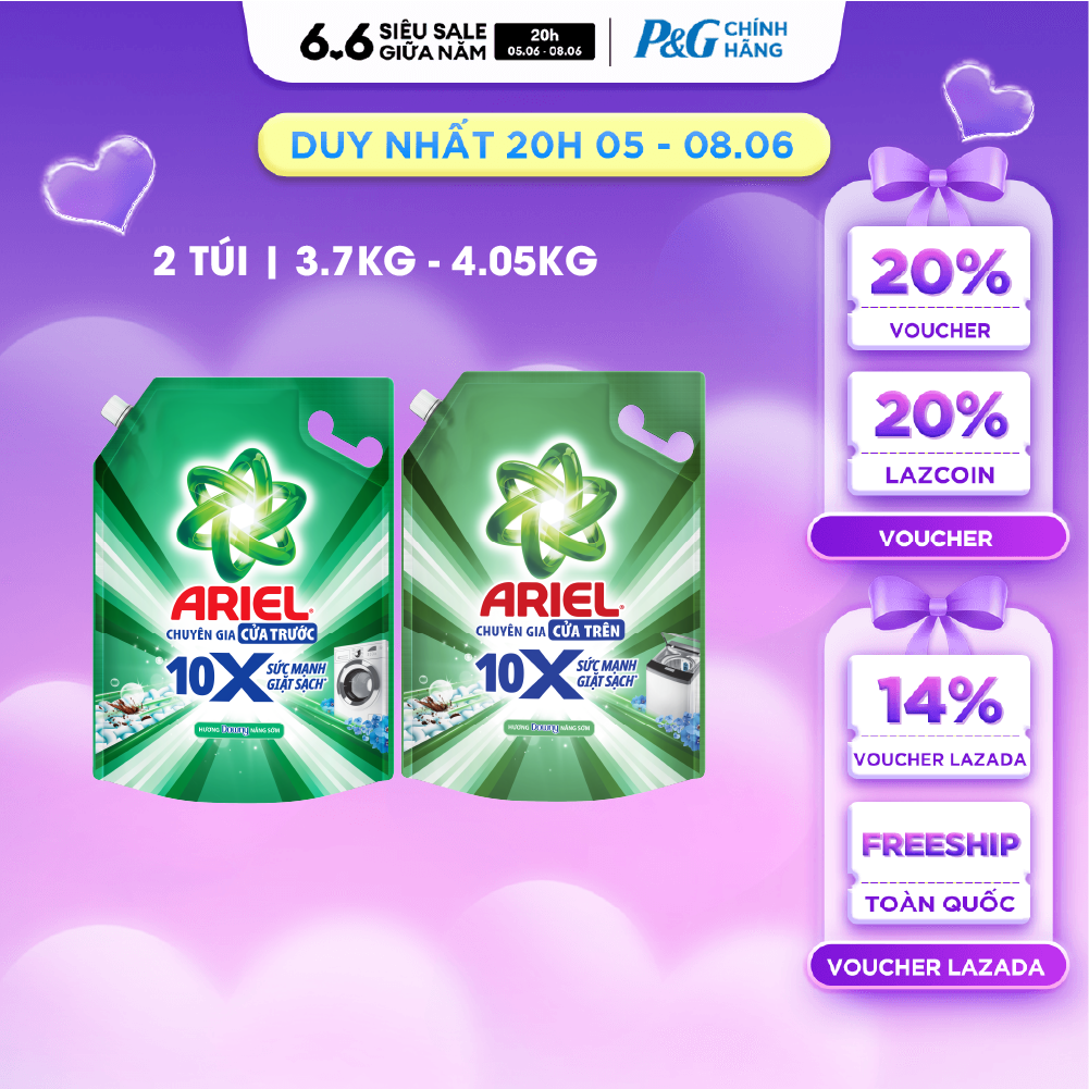 Combo 2 Nước Giặt Gel ARIEL 10X Sức Mạnh Giặt Sạch Chuyên Gia Cửa Trước-Cửa Trên Hương Downy Nắng Sớm Túi 3.7KG/ 4.05KG