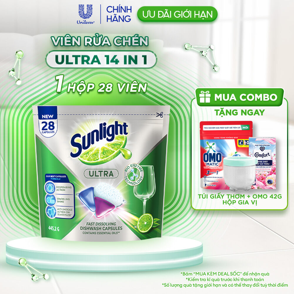 Túi Viên Rửa Chén Bát Sunlight 14 in 1 Dành Cho Máy Rửa Chén (28 Viên/Túi)