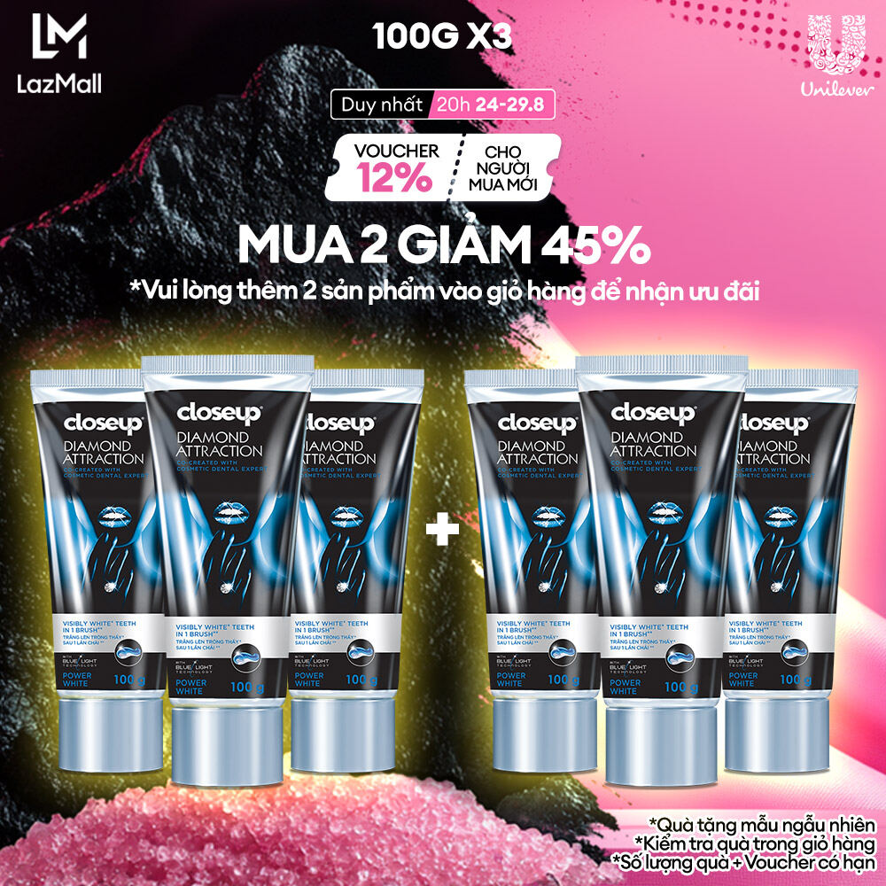 Combo 3 Kem Đánh Răng Closeup Dạng Gel Trắng Răng Diamond Attraction Ngay Sau 1 Lần Chải 100G/Tuýp