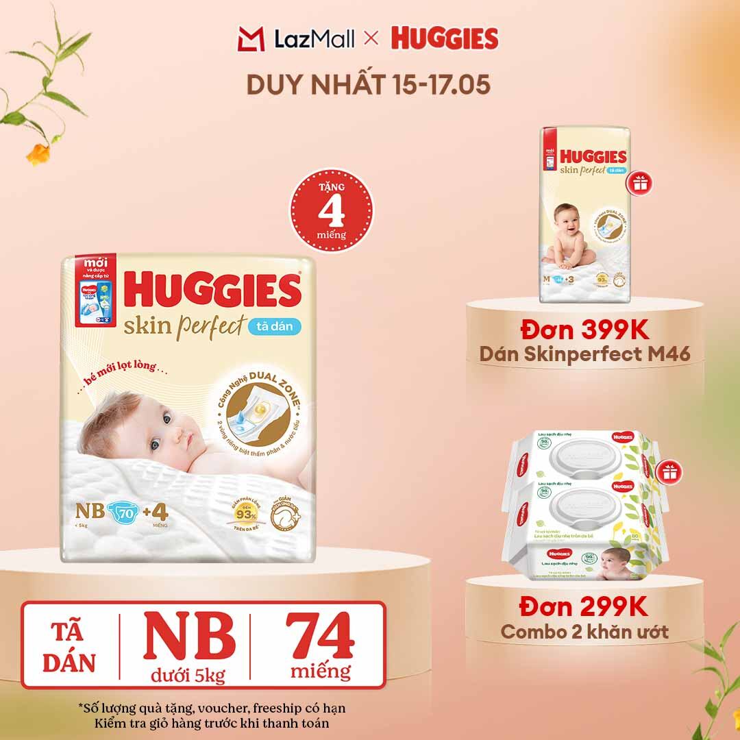[CHỈ 15-17.05 QUÀ TẶNG ĐƠN 0Đ]  Tã/bỉm dán sơ sinh Huggies Skin Perfect NB70 với 2 vùng thấm giảm kích ứng da (tặng miếng thay đổi theo từng đợt)