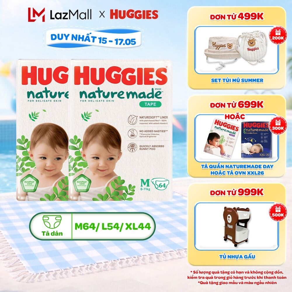 Combo 2 Tã/Bỉm dán Huggies NatureMade M64/L54/XL44