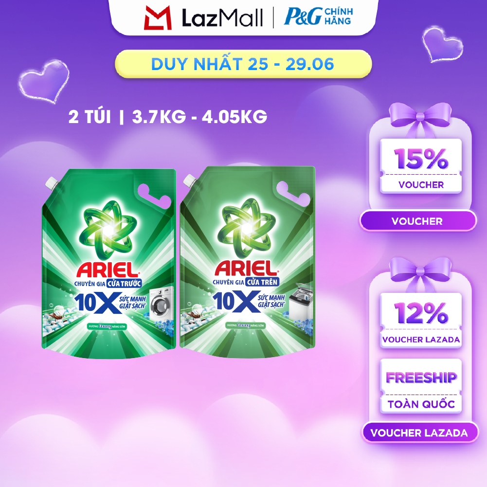 Combo 2 Nước Giặt Gel ARIEL 10X Sức Mạnh Giặt Sạch Chuyên Gia Cửa Trước-Cửa Trên Hương Downy Nắng Sớm Túi 3.7KG/ 4.05KG