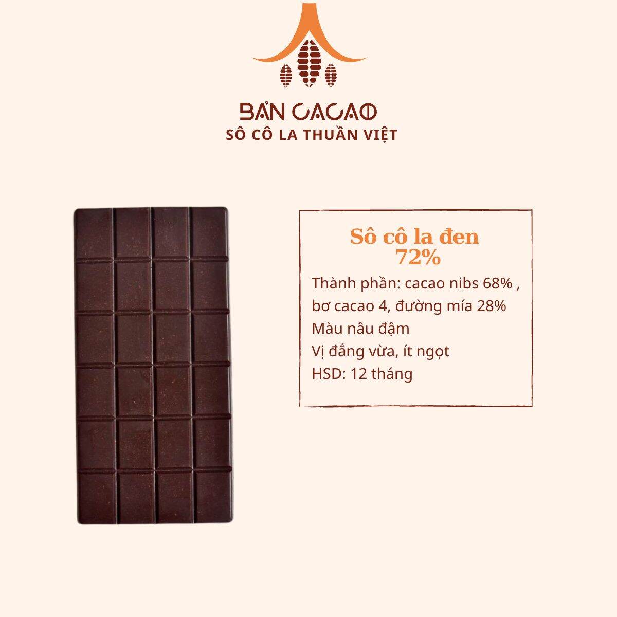 Dark chocolate 72% bar - Vietnam chocolate Bản Cacao