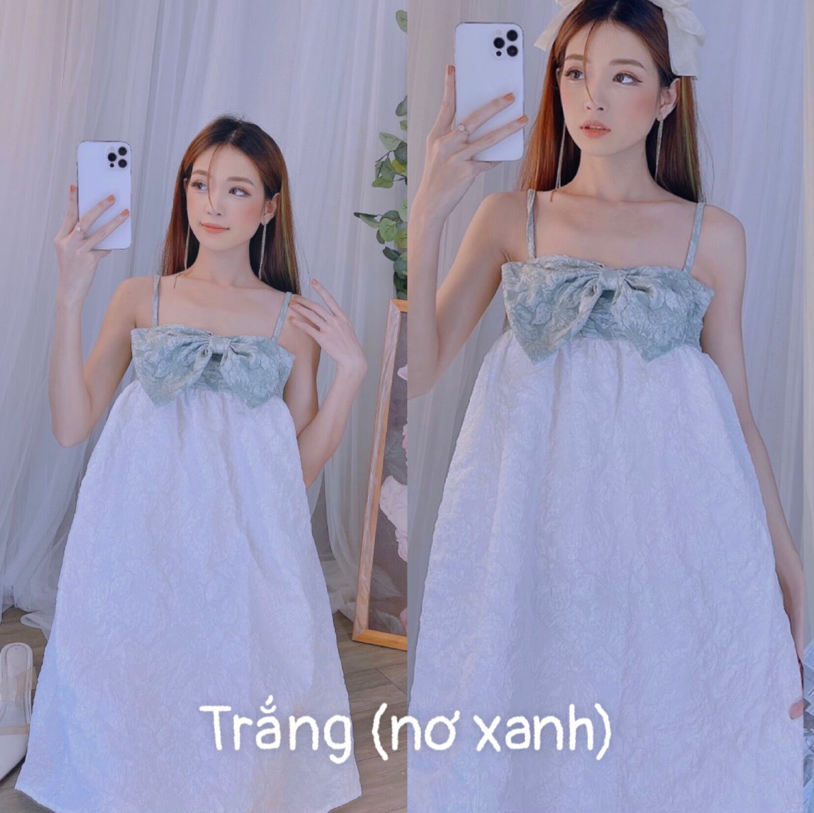Đầm hai dây phối nơ chất gấm hoa cao cấp siêu hot