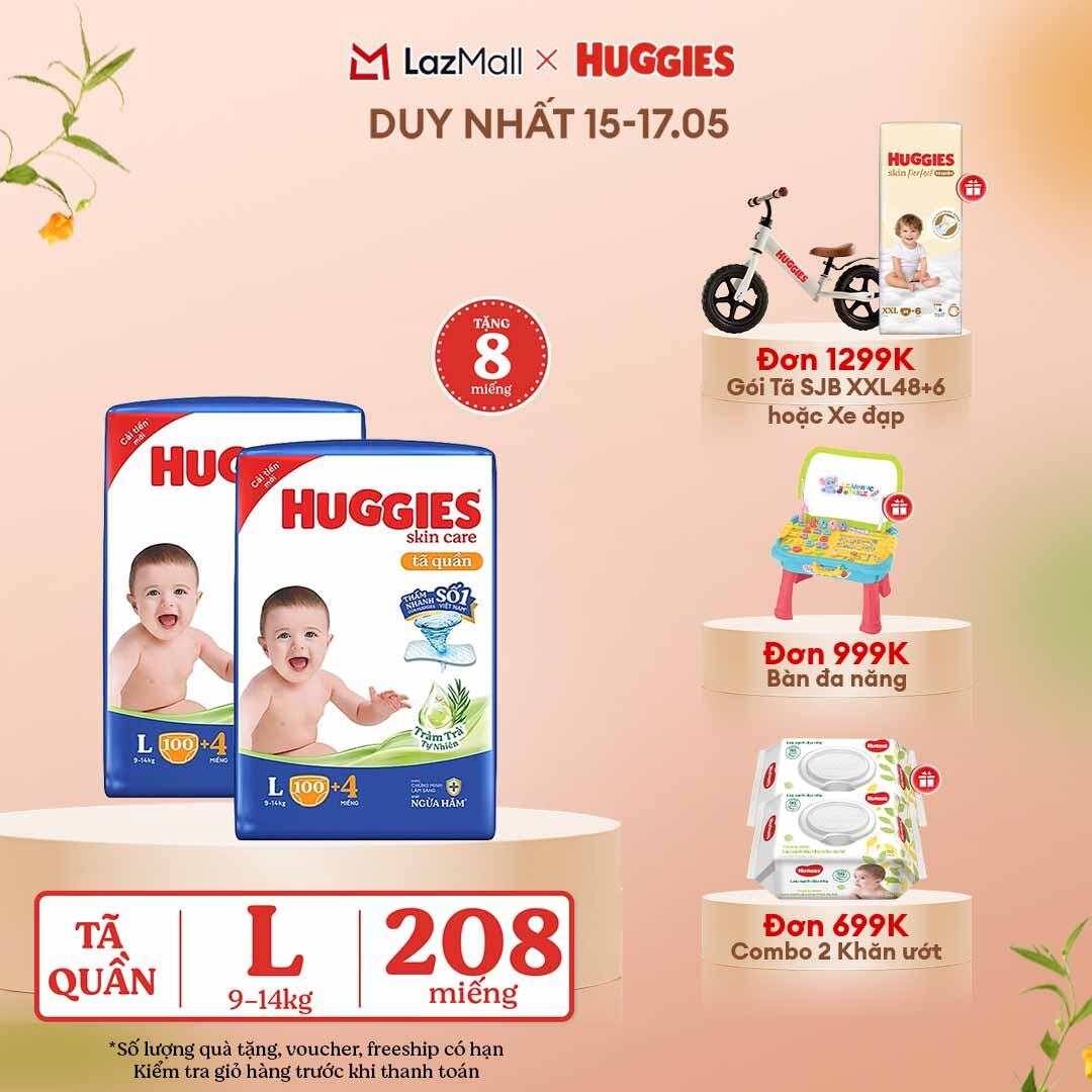 [CHỈ 15-17.05 GIẢM THÊM 90K]  Combo 2 Gói Tã/bỉm quần HUGGIES SKINCARE MEGA JUMBO size L100+4 miếng
