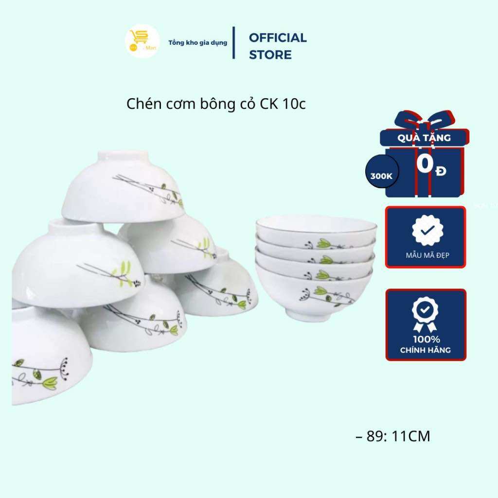 Chén cơm bông cỏ ck 10 cái, bát chén ăn cơm hoa cỏ mầm men sứ trắng, cao cấp mta-mart2