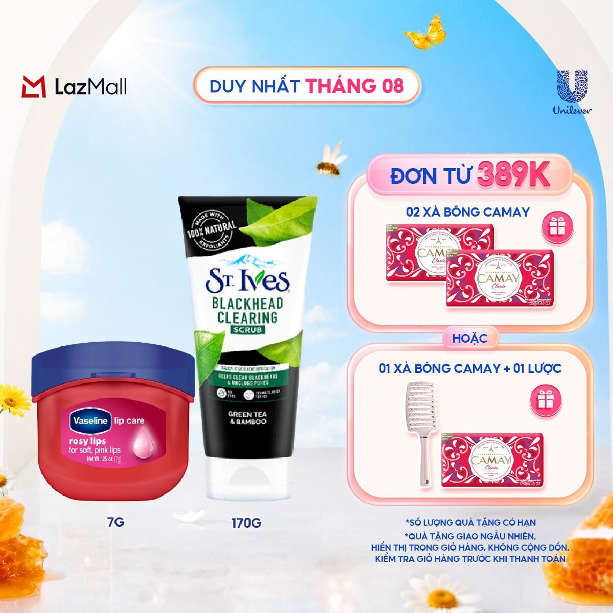 Combo Sữa rửa mặt tẩy tế bào chết ngừa mụn St.Ives Trà Xanh 170g + Sáp dưỡng môi Vaseline hồng xinh 7g