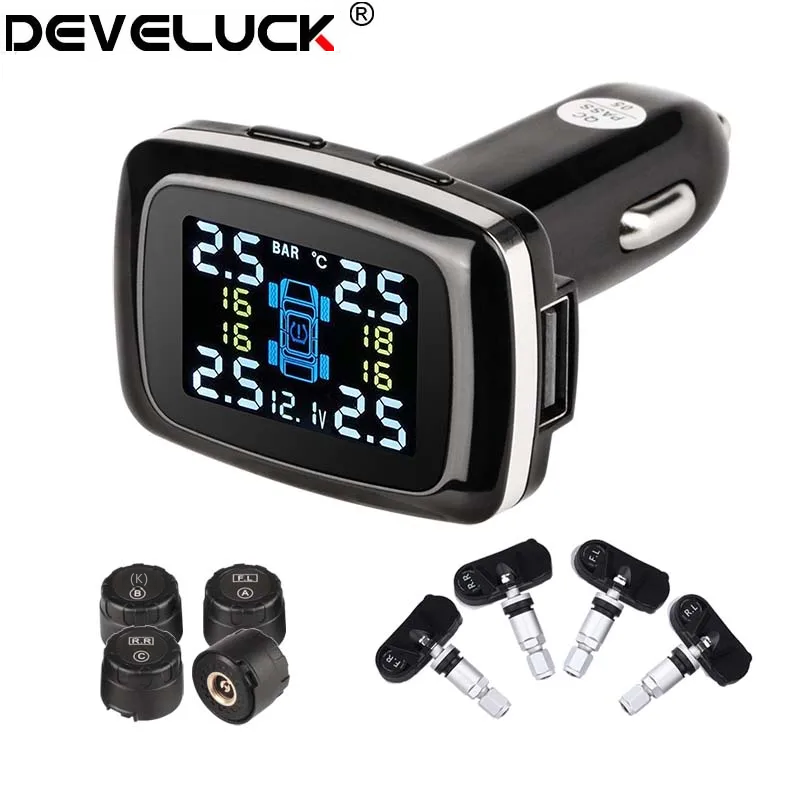 Develuck Digital Tpms Hệ thống giám sát áp suất lốp ô tô Cổng USB Báo động an ninh 4 Ip68 Cảm biến bên ngoài/bên trong chống nước