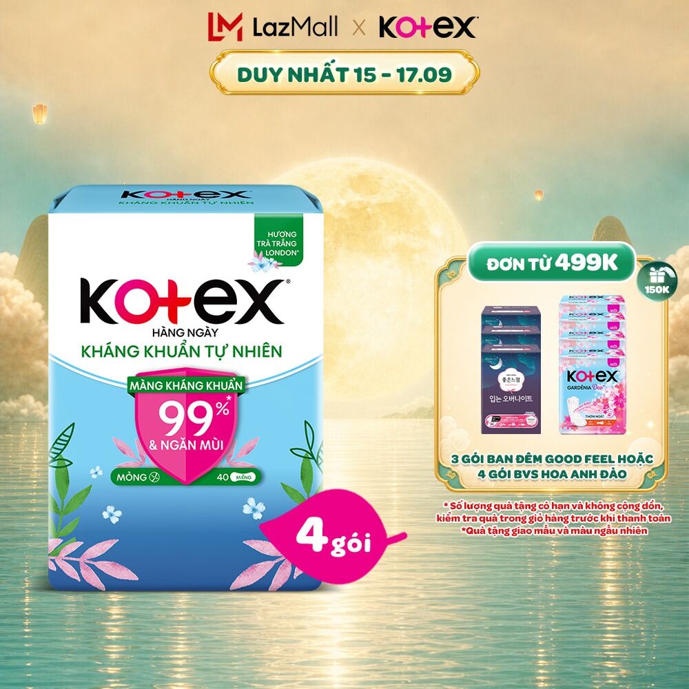 Combo 4/Combo 8 gói băng vệ sinh Kotex hằng ngày kháng khuẩn không cánh (40M/gói)