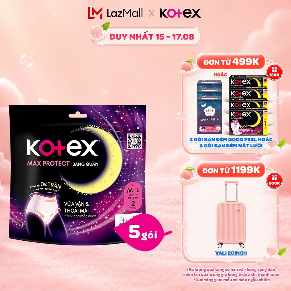 Combo 5 Băng Vệ Sinh Kotex Ban Đêm Dạng Quần cỡ M/L 5 miếng, M/L 2 miếng, L/XL 2 miếng