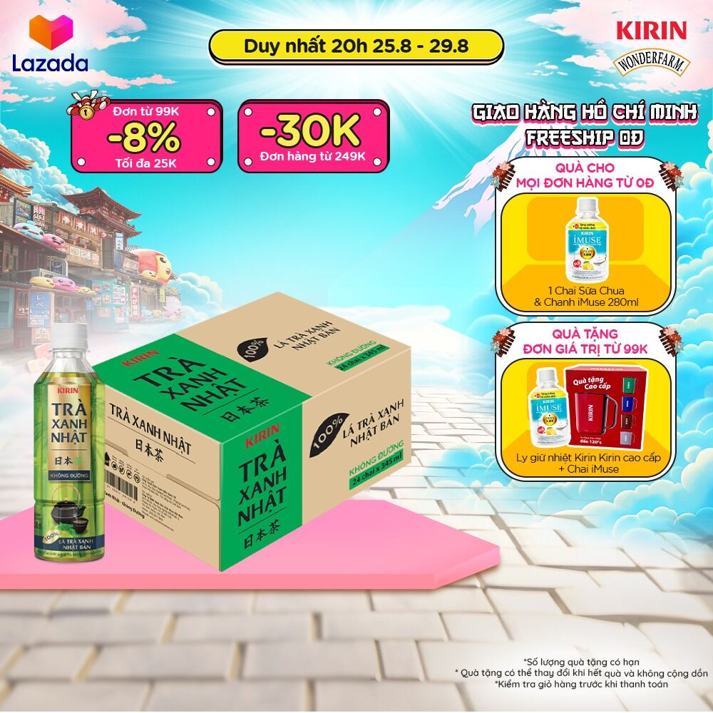 [duy nhất 20h 24-29.08 | đơn từ 99k tặng quà - giao hàng toàn quốc thùng 24 chai trà xanh nhật kirin không đường 345ml