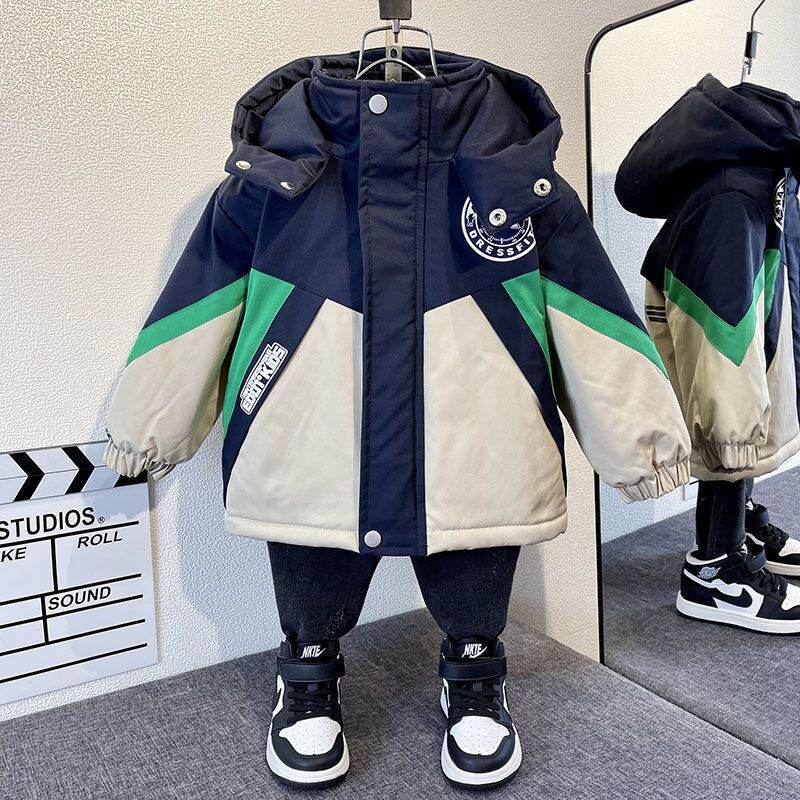 Áo Khoác Trẻ Em Dày Lót Lông Cừu Mùa Đông Dài Vừa Phải Thời Trang Trẻ Em Trai Áo Khoác Trẻ Em Mùa Đông Ấm Áp Thoải Mái