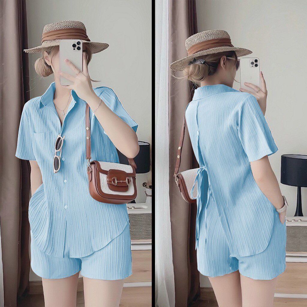 Bộ đũi gân quần đùi áo sơ mi buộc nơ sau siêu xinh, hàng chính hãng