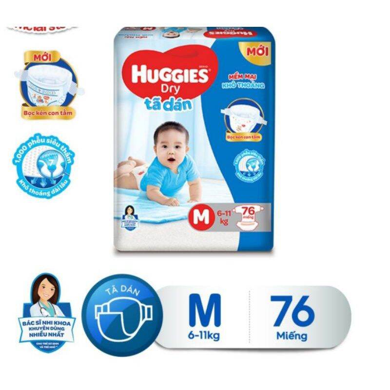 [Tặng 10 miếng] Tã dán Huggies M76 +10 miếng. Date 2024