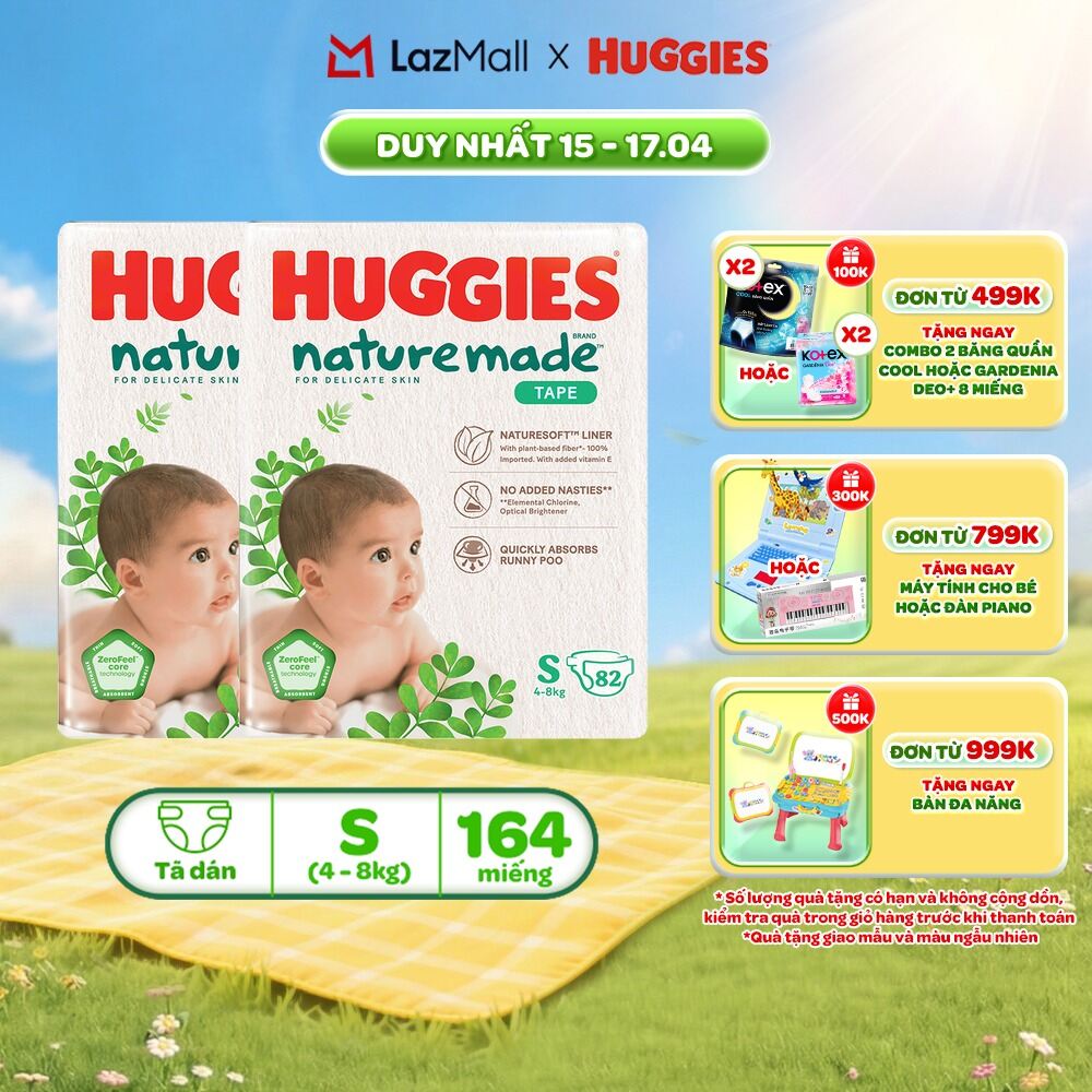 Combo 2 Tã/Bỉm dán sơ sinh Huggies NatureMade S82 (4-8kg)-Gói Super Jumbo 82 miếng