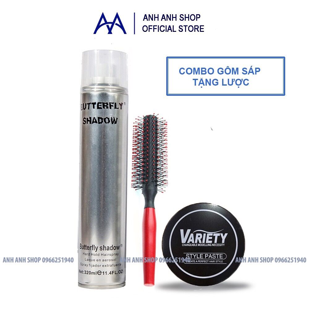 Combo gôm chính hãng shadow 320ml và sáp variety + tặng 1 lược tạo phồng tóc