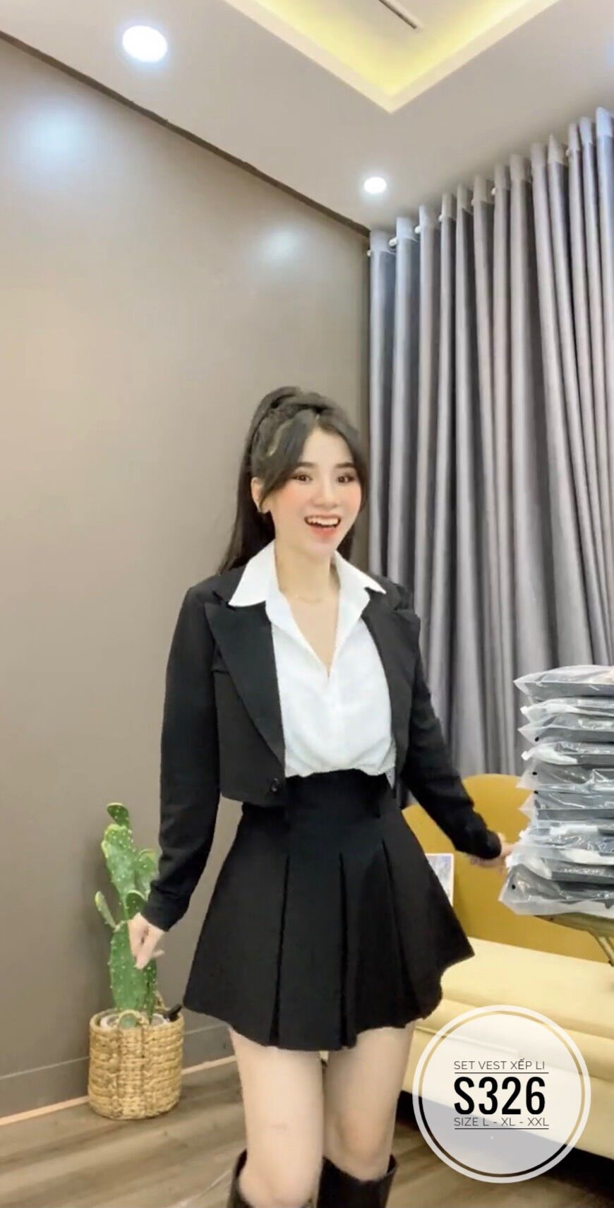 60-90kg bigsize set vest sơ mi + váy xếp li 3 món s326