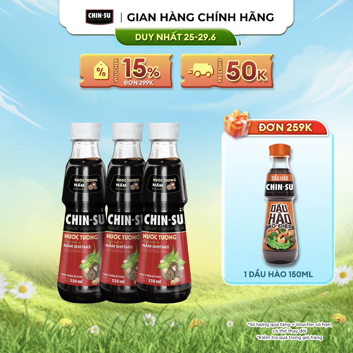 [DUY NHẤT 25-29.06 VOUCHER 18% ĐƠN 249K] Combo 3 Nước Tương CHIN-SU Nấm Shiitake Chai 330ml