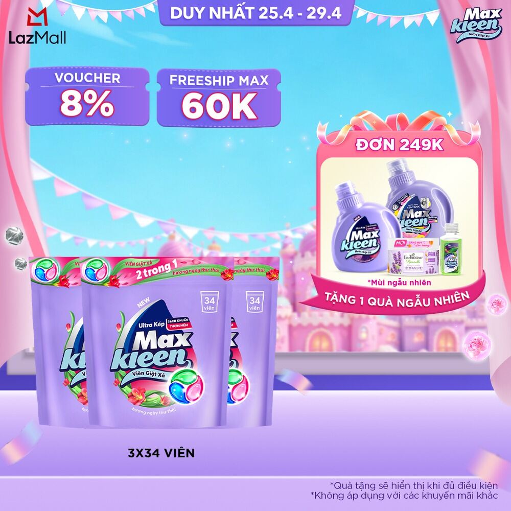 Combo 3 Túi Viên Giặt Xả MaxKleen 2 Trong 1 hương Ngày Thư Thái (34 viên/ túi)