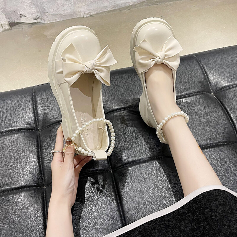 Giày Mary Jane Kiểu Pháp Nữ Giày Một Lớp Kết Hợp Váy Đế Dày Nơ Bướm Ngọc