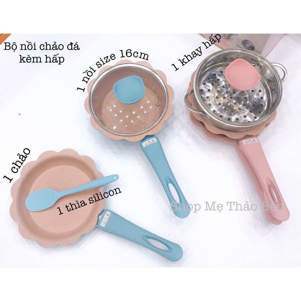 Nồi nấu ăn dặm cho bé_Bộ nồi chảo nấu hấp cho bé ăn dặm size 16cm
