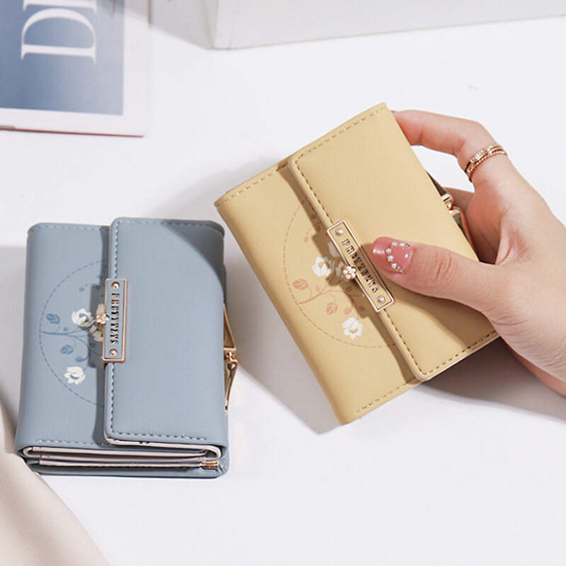 Ví Da PU in Họa Tiết Hoa Phong Cách Hàn Quốc Cho Nữ Ví Đựng Tiền Xu Ngắn Gấp Ba Ví Đựng Tiền Đa Năng Cho Học Sinh Ví Nữ