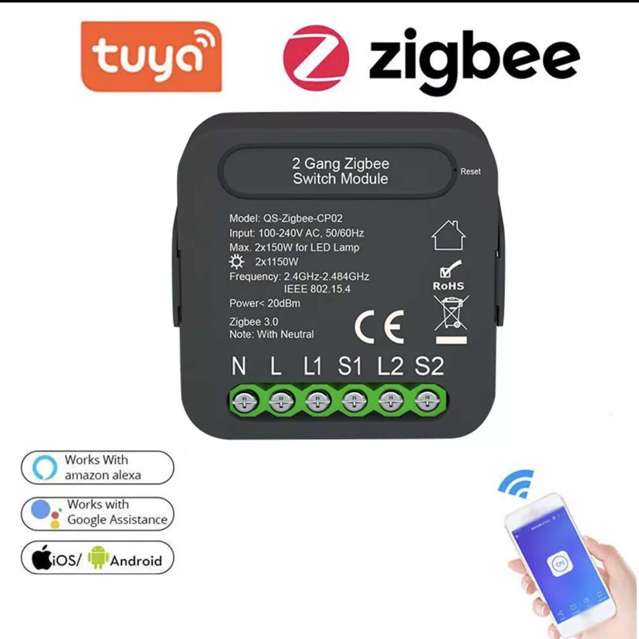 Công tắc module Tuya Wifi/ Zigbee hỗ trợ 2 công tắc cơ 1 chiều hoặc 2 chiều