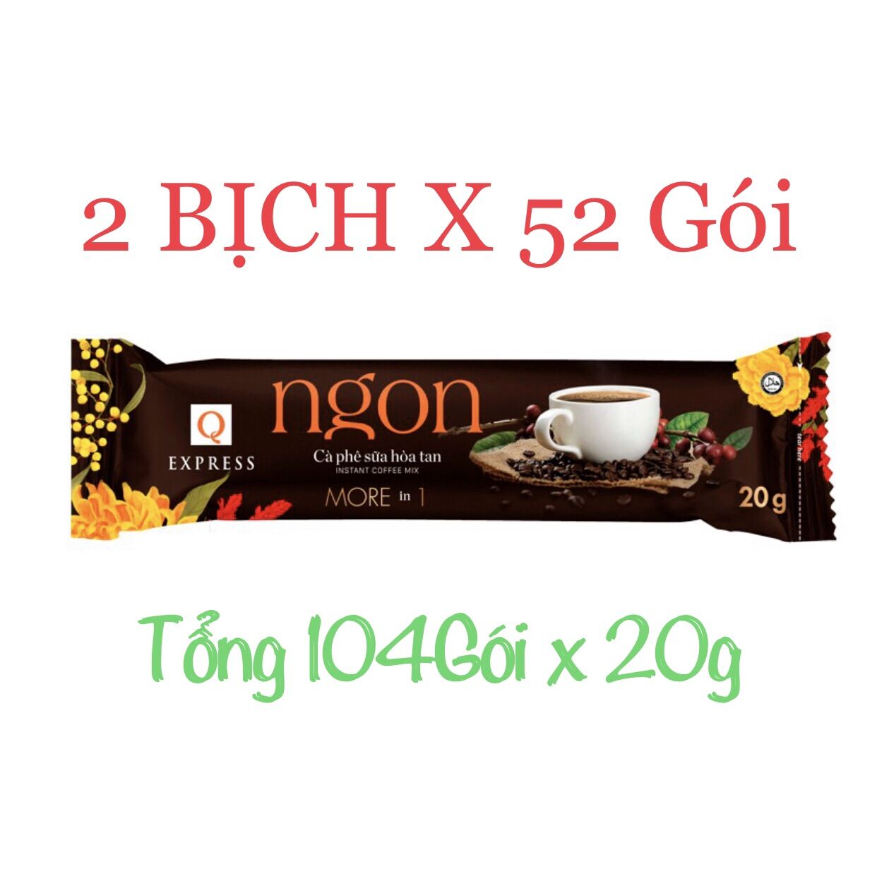 COMBO 2 BỊCH CÀ PHÊ SỮA NGON 3-1 TRẦN QUANG ( 2 BỊCH x 1,04KG = 104 GÓI DÀI x 20G ) DATE 2023