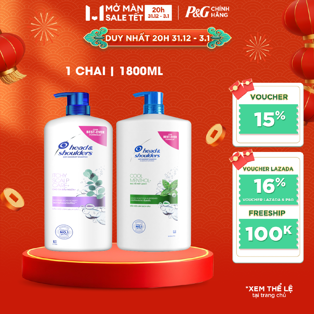  Dầu Gội HEAD & SHOULDERS Sạch Gàu Bạc Hà Mát Lạnh  Giảm Ngứa Da Đầu Chai 1800ML 