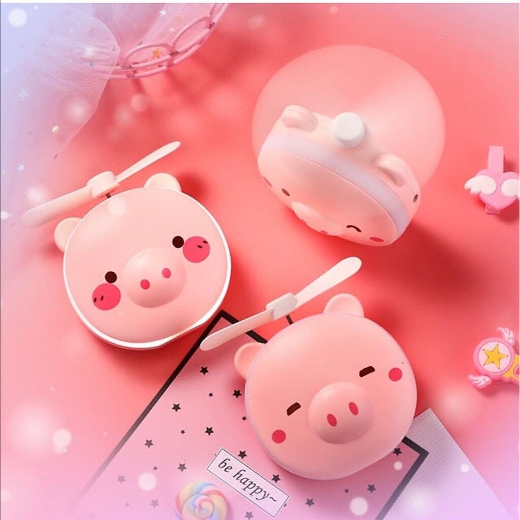 Quạt mini cầm tay hình chú heo 3in1, Đèn led - Gương - Quạt