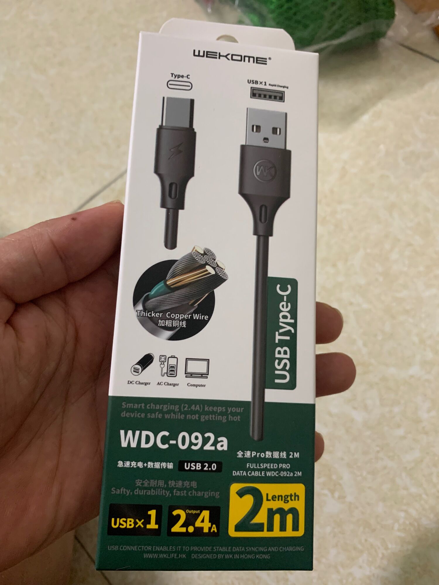 Cáp sạc type c dài 2m chính hãng wk