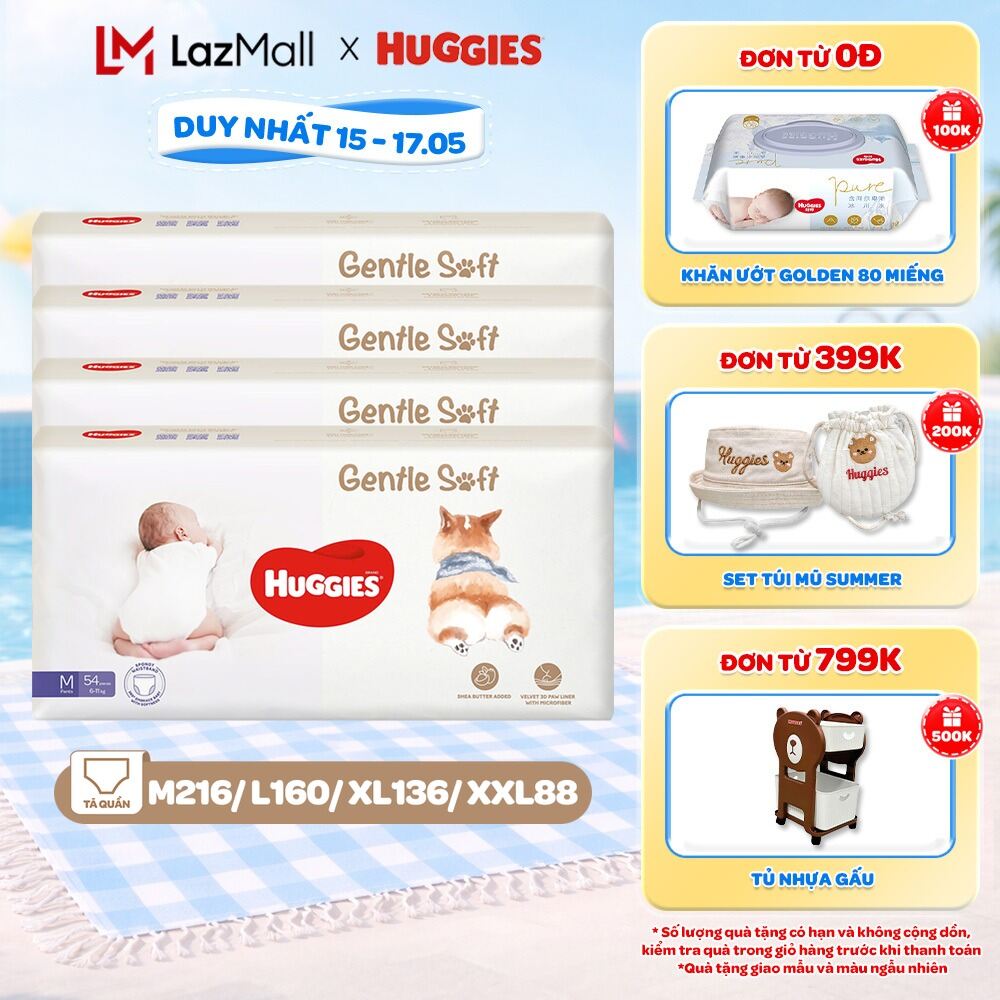 Combo 4 Tã quần Huggies Gentle Soft - Corgi M54/L40/XL34/XXL22 miếng êm mềm nâng niu làn da bé